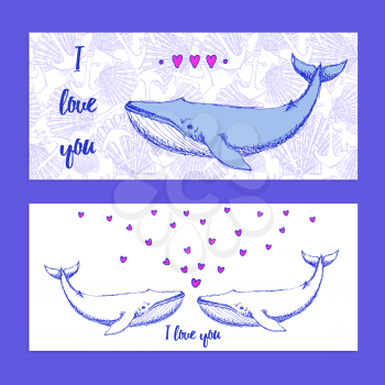 Sketch whale day poster in vintage style, vector