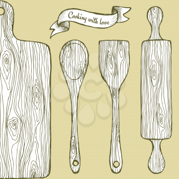Wooden utencil in vintage style, vector roling pin, cutting board and spoon