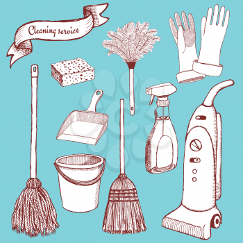 Sketch cleaning set in vintage style, vector