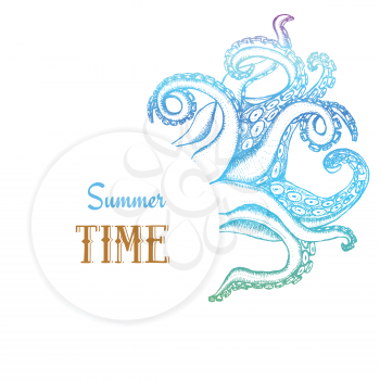 Summer time poster with octopuses tentacles in vintage style, vector
