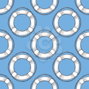 Engraved life buoy in vintage style, vector seamless pattern