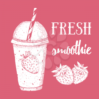Fresh strawberry smoothie in vintage style, vector poster