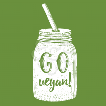 Go vegan poster in vintage style, vector illustration with jar with star