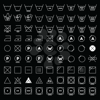 Laundry symbols line design. Washing, ironing, bleaching, drying, dry clean and tumble dry icons on black background