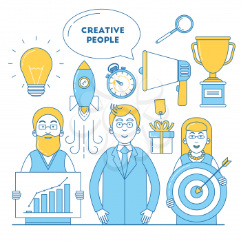Creative people illustration with idea, promotion, research and trophy