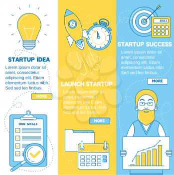 Startup banners. Business idea, launching startup and getting profit. Line design.
