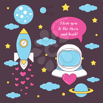 I love you to the Moon and back illustration with astronaut and rocket flying among stars and clouds.