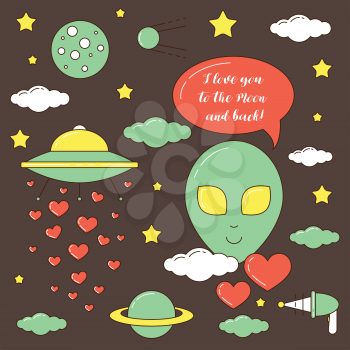 I love you to the Moon and back illustration with alien and UFO spaceship.