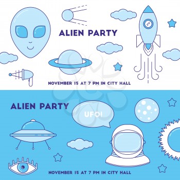 Alien set of banners. Line design UFO, astronaut, planets party invitation