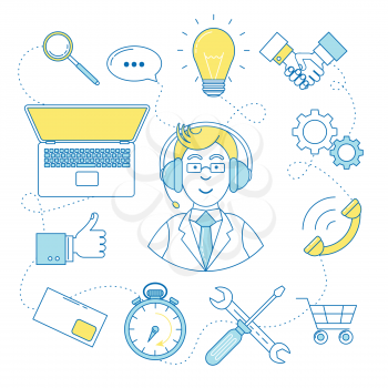 Support agent line illustration, FAQ, issues solution icons. Technical support design