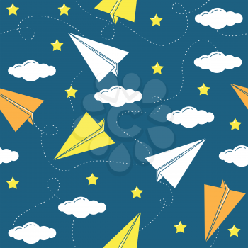 Paper airplane seamless pattern with clouds and stars. Line design concept