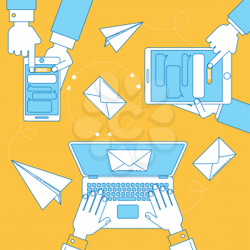 Online communication illustration, banner line design with sending and receiving messages 