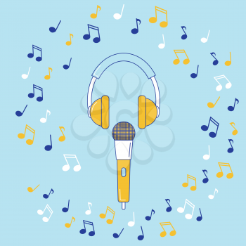 Microphone, earphones and music notes, line design elements. 