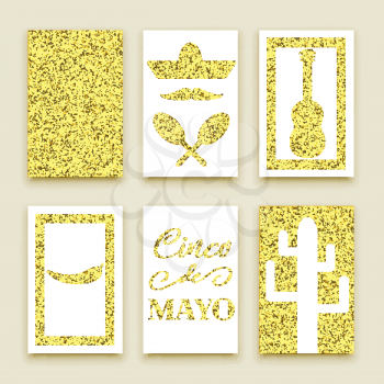 Cinco de Mayo banners, golden set with guitar, pepper, cactus and hat 