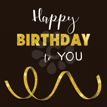 Birthday card with golden ribbon with glitter and lettering Happy Birthday to you wish