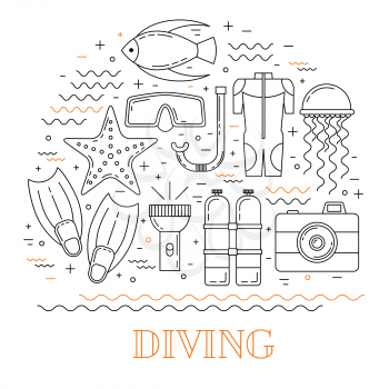 Scuba diving line art background with mask, fins, wetsuit and fish