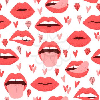 Sexy lips with tongue, red lipstick  seamless pattern