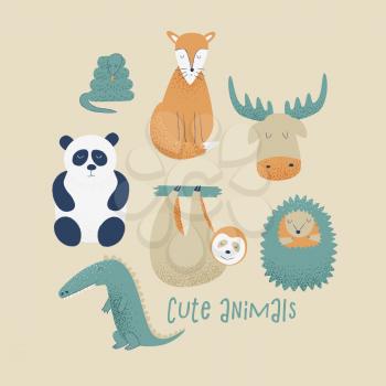 Animals set with panda, fox, sloth and hedgehog