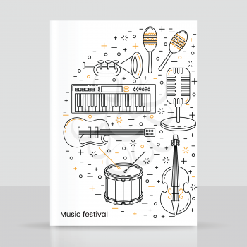 Music festival poster line art with musical instruments pattern