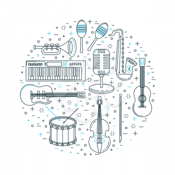 Music festival poster line art with musical instruments pattern