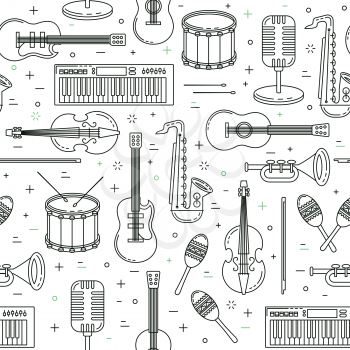 Music pattern, seamless vector design with guitar, violin and trumpet
