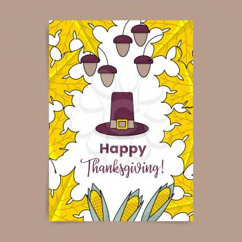 Thanksgiving poster with maple leaves, hazelnuts, corn and settlers hat