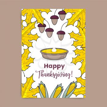 Thanksgiving poster with maple leaves, hazelnuts, corn and pumpkin pie