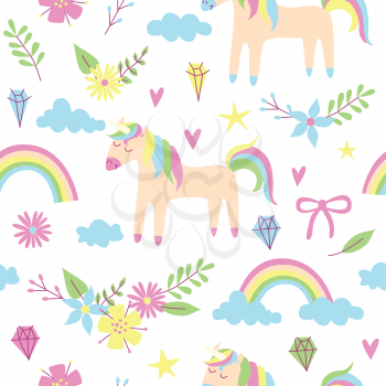 Unicorn seamless pattern, vector design with rainbow and flowers