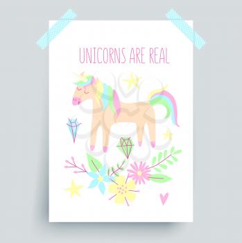 Unicorn poster, childish background design, vector 