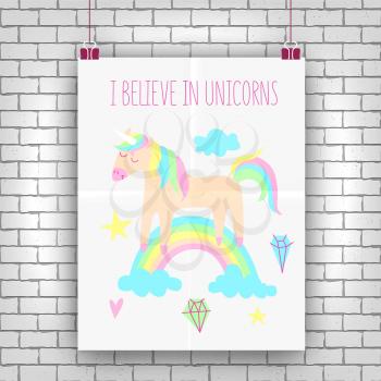 Unicorn poster, childish background design, vector 