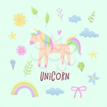 Unicorn design set with clouds and rainbow, stipple design