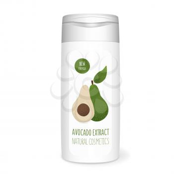 Shampoo bottle with avocado, white mockup, 3D design concept