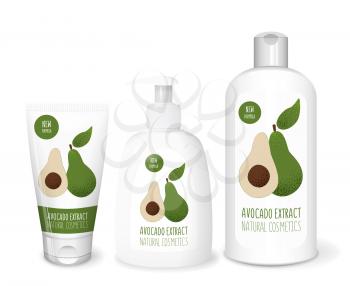 Cosmetics white templates set with avocado, vector 3D concept
