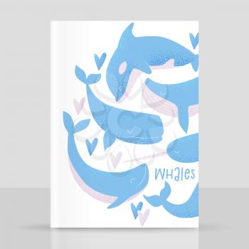 Vector card with blue whale, sperm whale, narwhal, killer whale and humpback whale