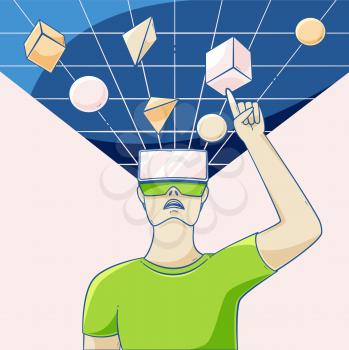 Augmented reality glasses illustration man looking up into virtual reality, concept