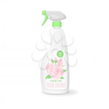 Bathroom cleaner with rose, vector 3d white bottle