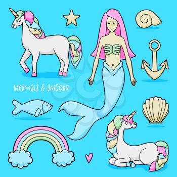 Unicorn and mermaid set, colorful vector illustration