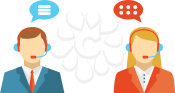 Male and female call center avatar icons.  Man and woman wearing headsets with colorful speech bubbles conceptual of client services and communication