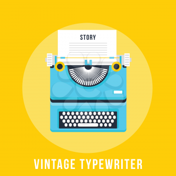 Vector illustration of flat vintage typewriter isolated on yellow background.