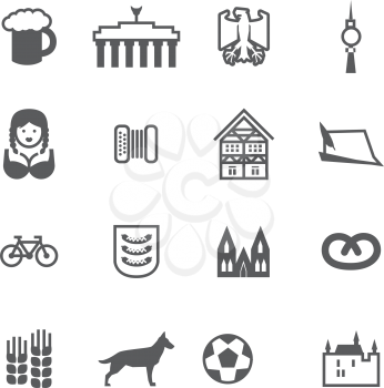 Set of icons with signs of Germany and Berlin. Set include beer, eagle, Brandenburg gate, berlin TV tower, girl, woman, accordion, harmonica, German house, German hat, bicycle, football, castle, Germa