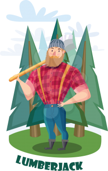 Lumberjack with axe in the forest. Lumberjack in  red shirt and blue jeans.