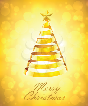 Abstract Gold Ribbon Christmas Tree On Gold Background. Abstract Gold New Year Tree On Gold Background