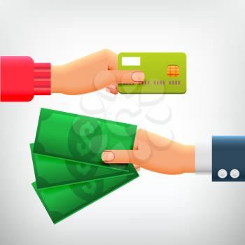 Hand with Credit Card and Hand with Cash. Concepts of Payment methods, Investment, Cash Withdrawal, Business, Online Payment, Cash Back.
