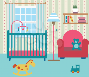 Baby room with furniture. Nursery interior. Flat style vector illustration.