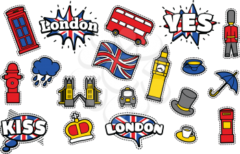 Fashion Patch Badges with London's Symbols, Bus, Crown, Cloud, Hat, Flag, Umbrella Cup of Tea, Red Telephone Box, Tower Bridge, Big Ben . Set of Stickers, Pins, Patches in Cartoon 80s-90s Comic Style.
