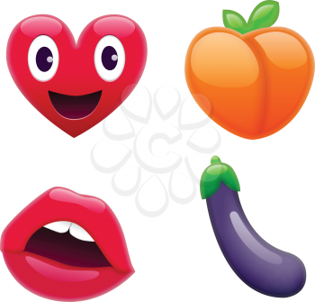 Set of Fantastic Smiley Emoticons, Emoji Design Set. Bright Icons of Love. Heart, Peach, Lips, and Eggplant. Stickes and Patches