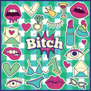 Chic Fashion Summer Patch Badges with Bitch Expression, Letter, Shit, Crown, Bra, Bikini, Lipstick, Heart, Glasses, Shoes, Ring, Drinks. Set of Stickers, Pins, Patches in Cartoon 80s-90s Comic Style.