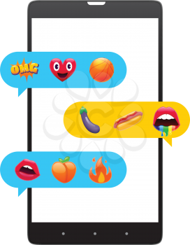 Mobile Messages with Fantastic Smile Emoticons, Emoji Design Set. Bright Icons of Lips. Fire, OMG Expression, Peach, Hot Dog. Stickers and Patches