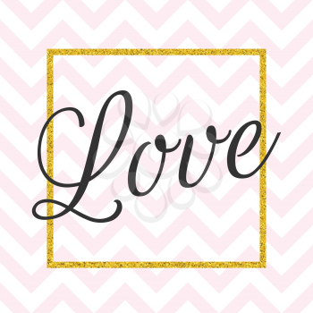 Cute Love Black Lettering Sticker Design with Golden Glittering Border on White Background with Pink Waves. Vector illustration EPS 10