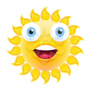 Happy Smiling Sun Emoticon with Open Mouth. Excited Sun Emoji with Two Big Eyes. Isolated Vector Illustration on White Background